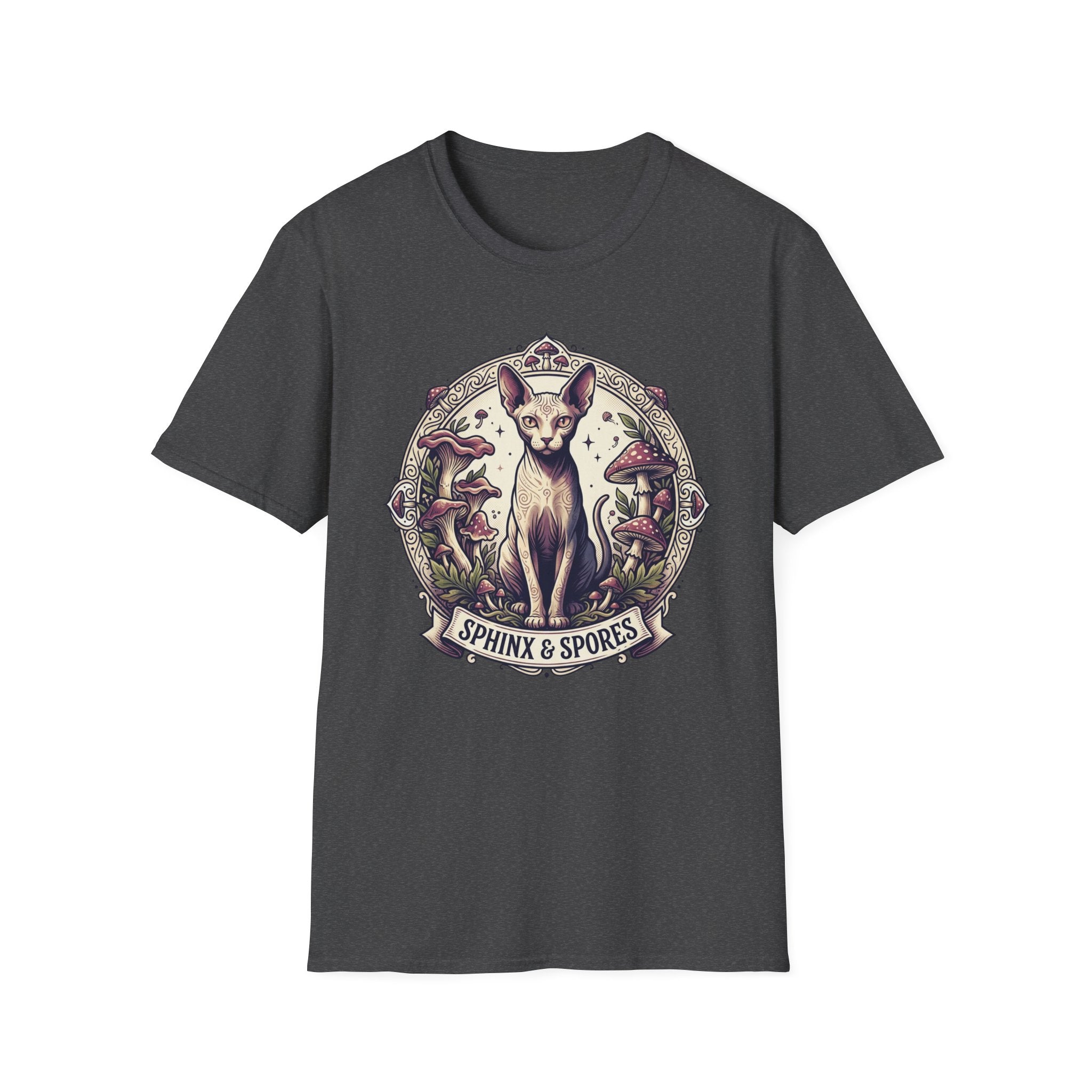 Sphinx & Spores Cat T-Shirt — Gothic Mushroom Sphynx Graphic Tee