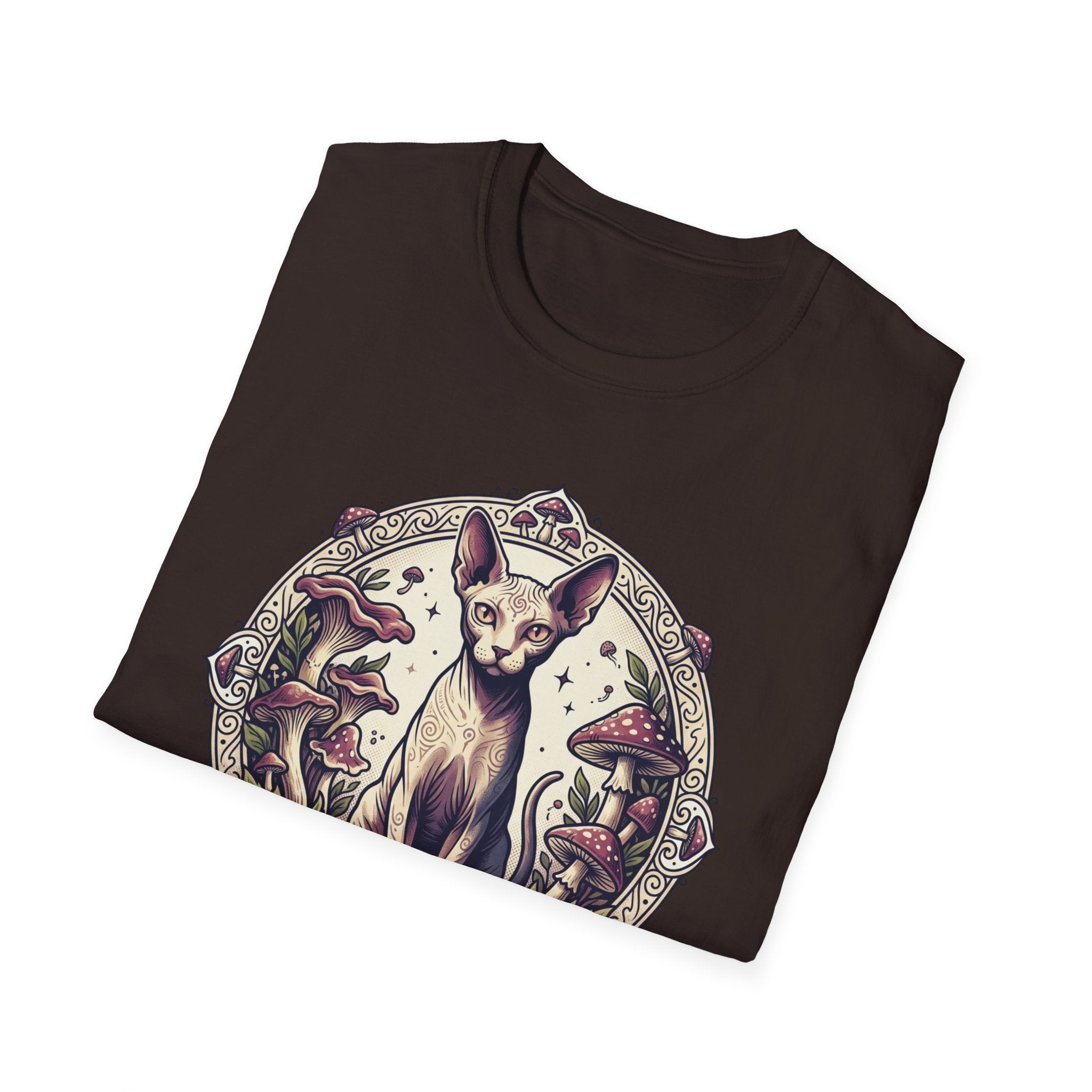 Sphinx & Spores Cat T-Shirt — Gothic Mushroom Sphynx Graphic Tee