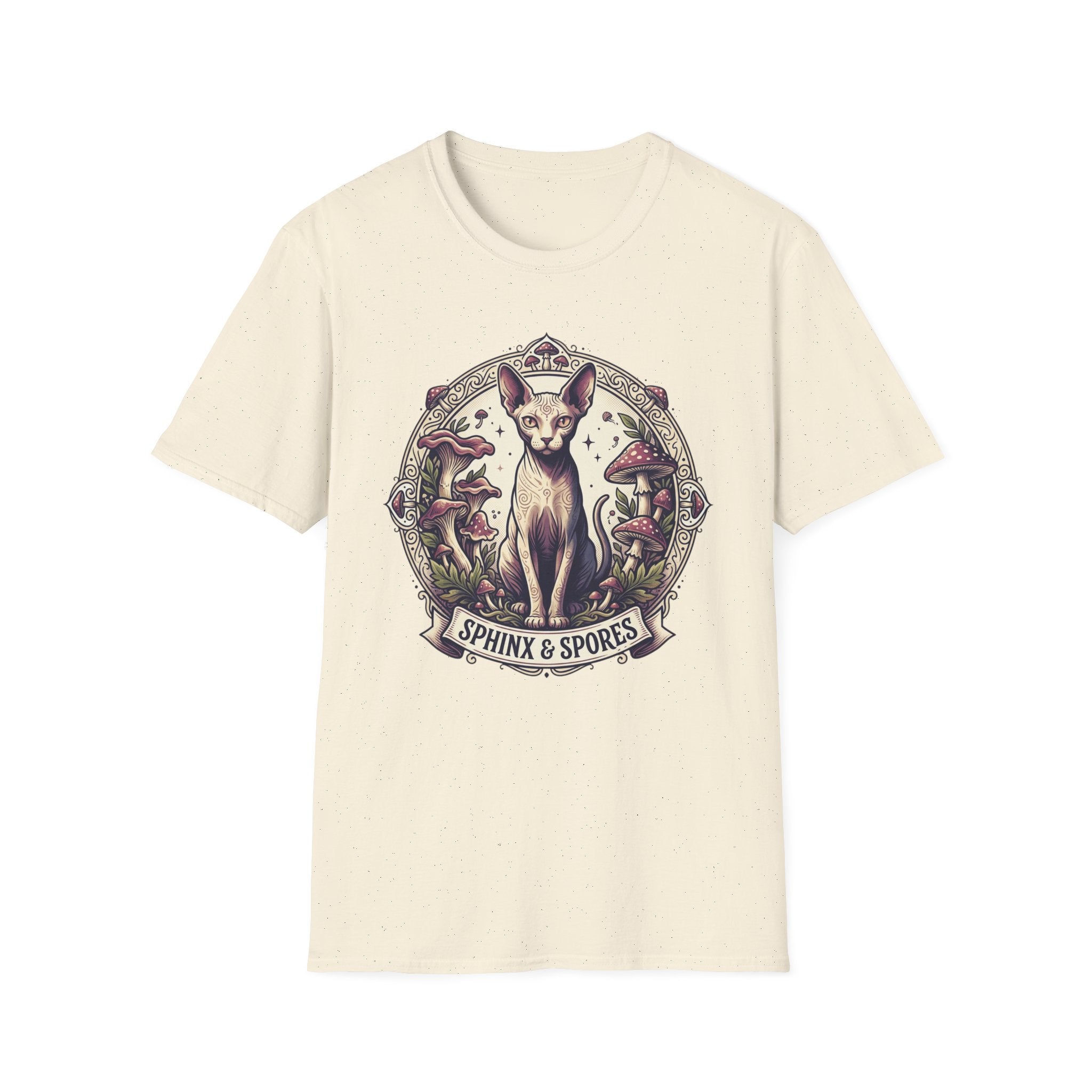 Sphinx & Spores Cat T-Shirt — Gothic Mushroom Sphynx Graphic Tee