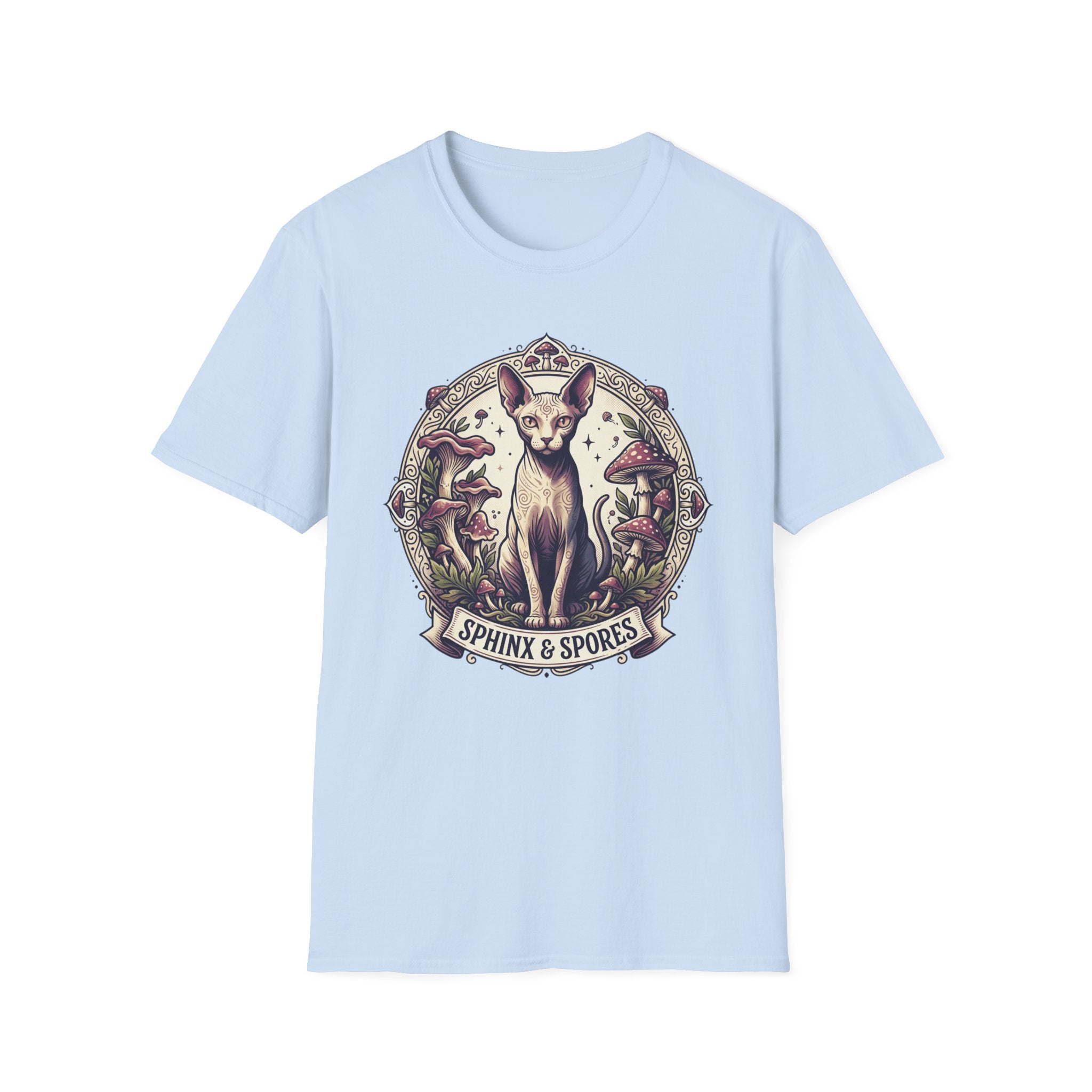 Sphinx & Spores Cat T-Shirt — Gothic Mushroom Sphynx Graphic Tee
