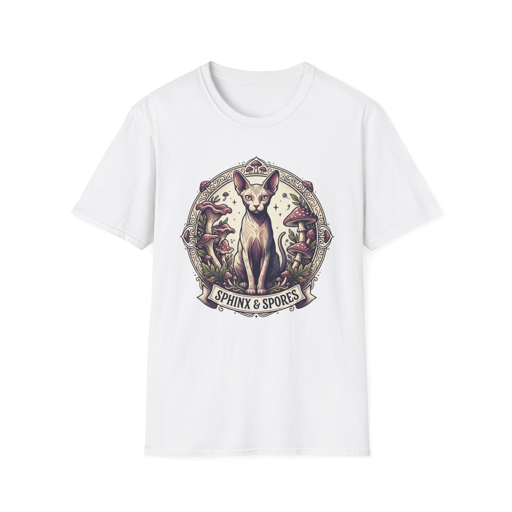 Sphinx & Spores Cat T-Shirt — Gothic Mushroom Sphynx Graphic Tee