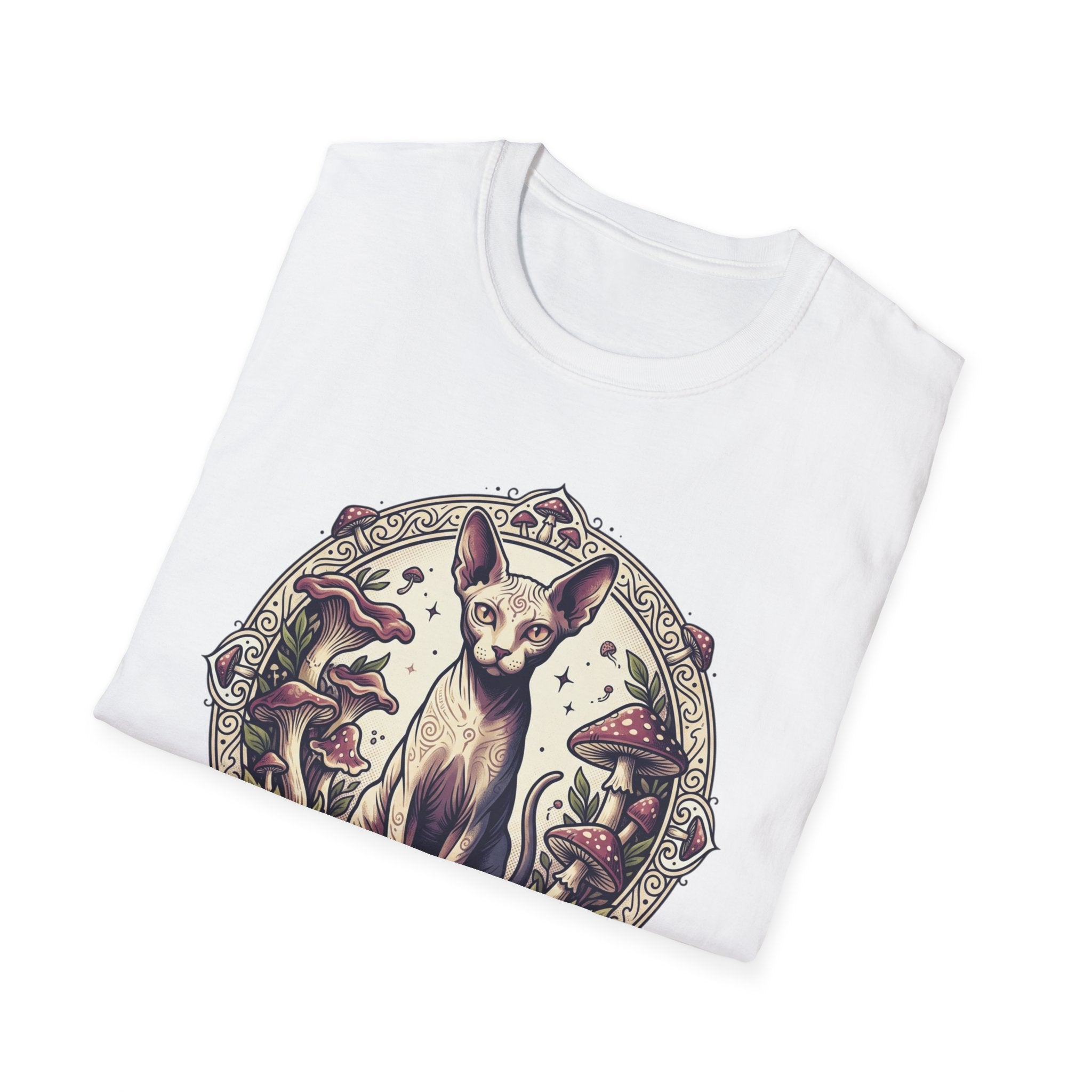 Sphinx & Spores Cat T-Shirt — Gothic Mushroom Sphynx Graphic Tee