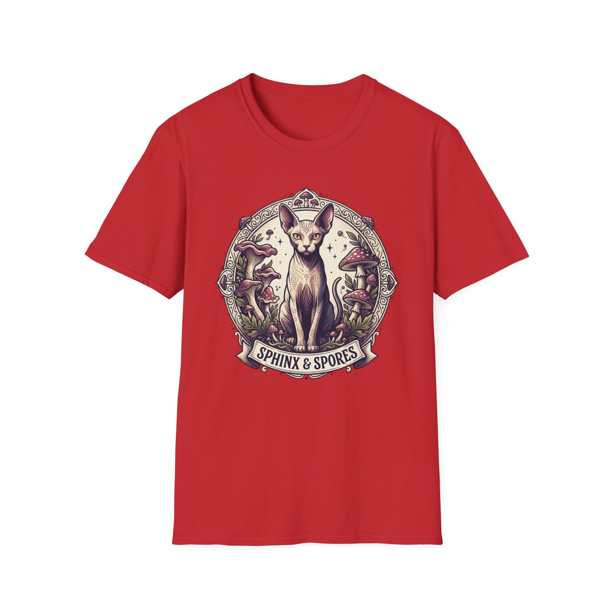Sphinx & Spores Cat T-Shirt — Gothic Mushroom Sphynx Graphic Tee