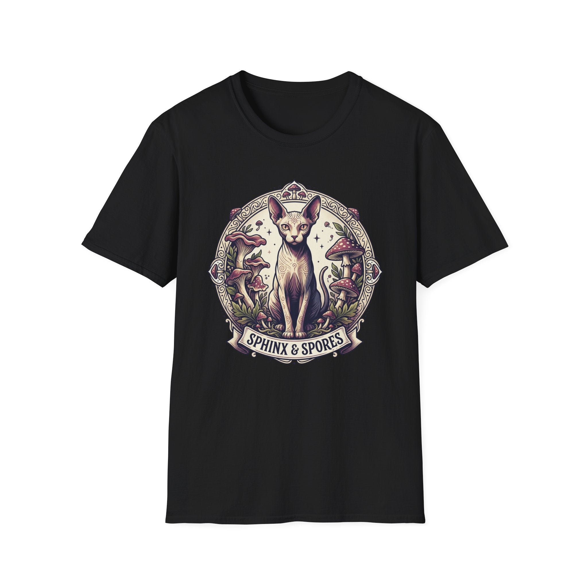 Sphinx & Spores Cat T-Shirt — Gothic Mushroom Sphynx Graphic Tee