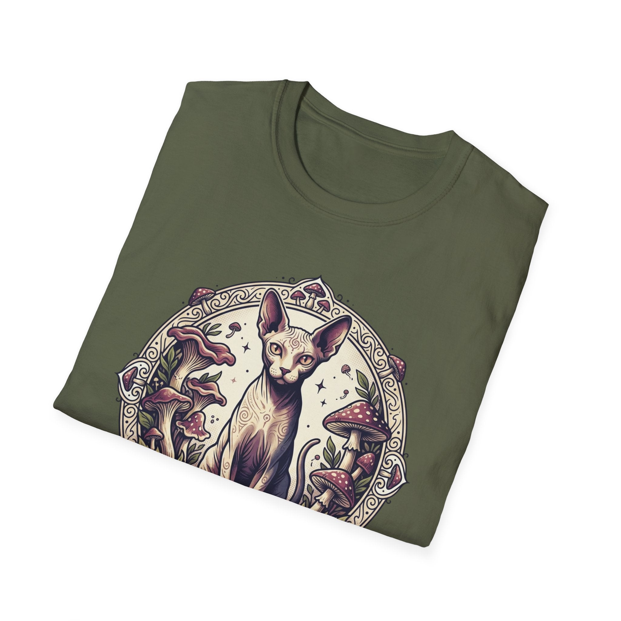 Sphinx & Spores Cat T-Shirt — Gothic Mushroom Sphynx Graphic Tee