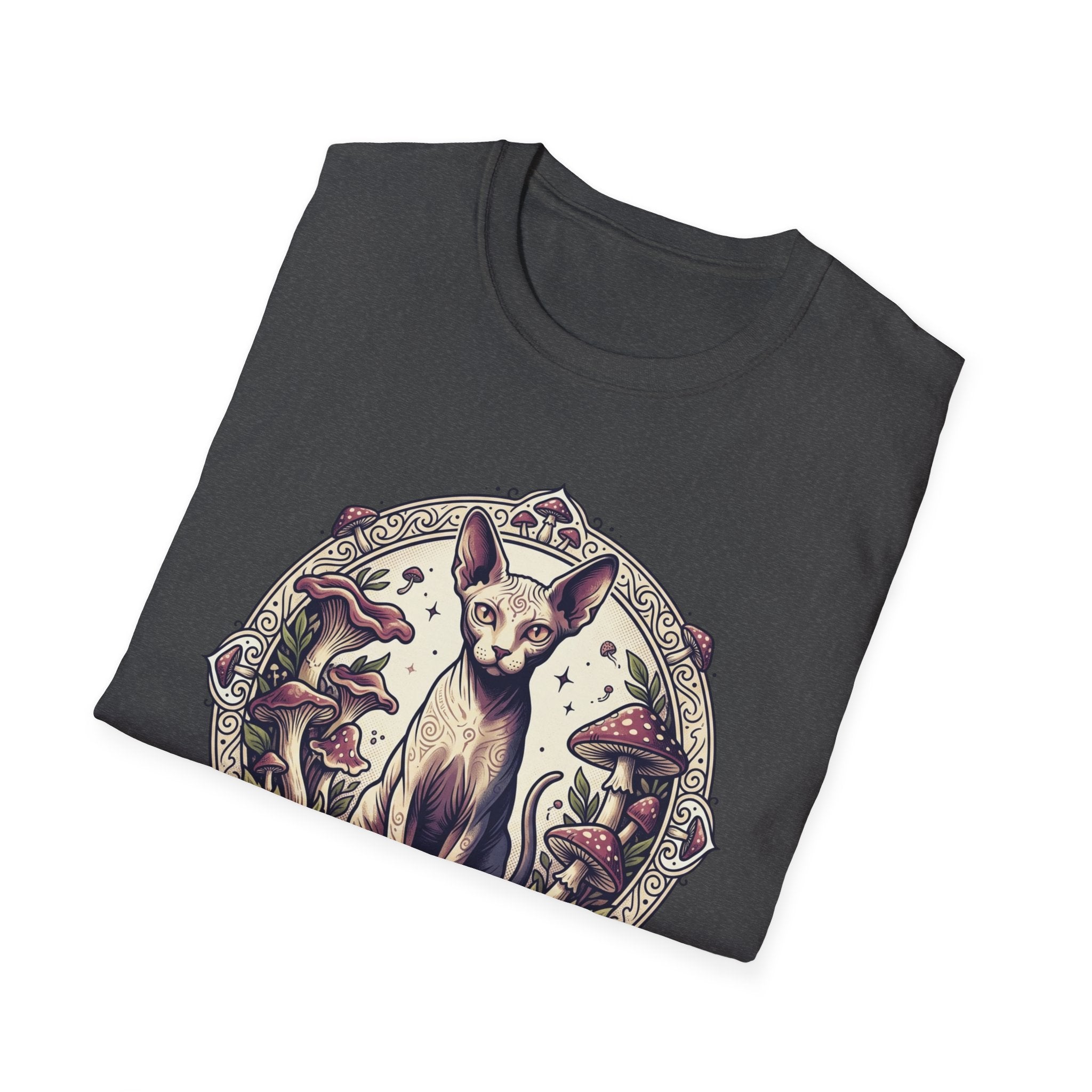 Sphinx & Spores Cat T-Shirt — Gothic Mushroom Sphynx Graphic Tee