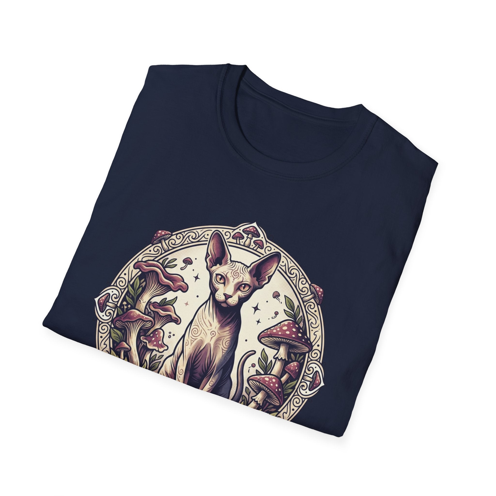 Sphinx & Spores Cat T-Shirt — Gothic Mushroom Sphynx Graphic Tee