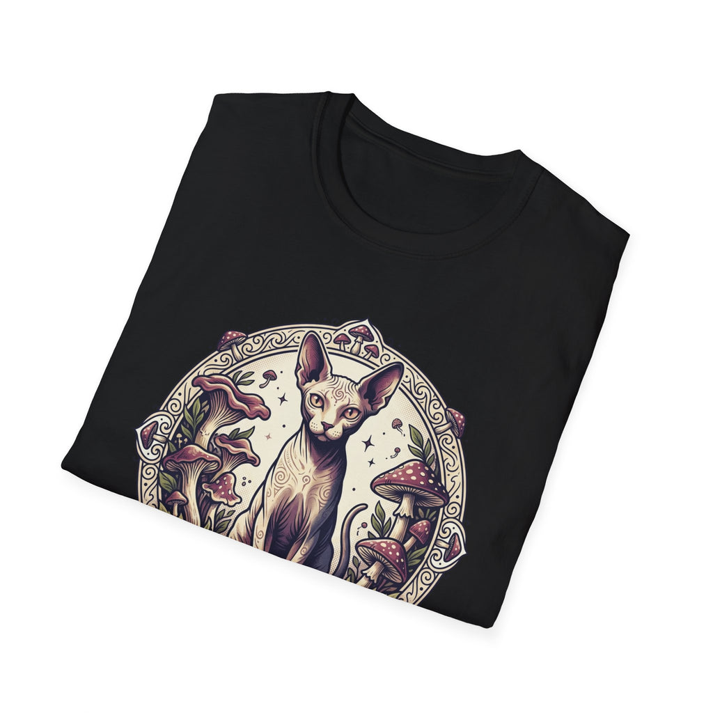 Sphinx & Spores Cat T-Shirt — Gothic Mushroom Sphynx Graphic Tee