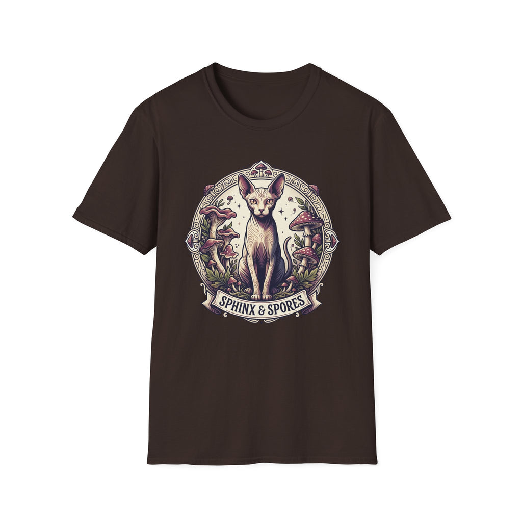 Sphinx & Spores Cat T-Shirt — Gothic Mushroom Sphynx Graphic Tee