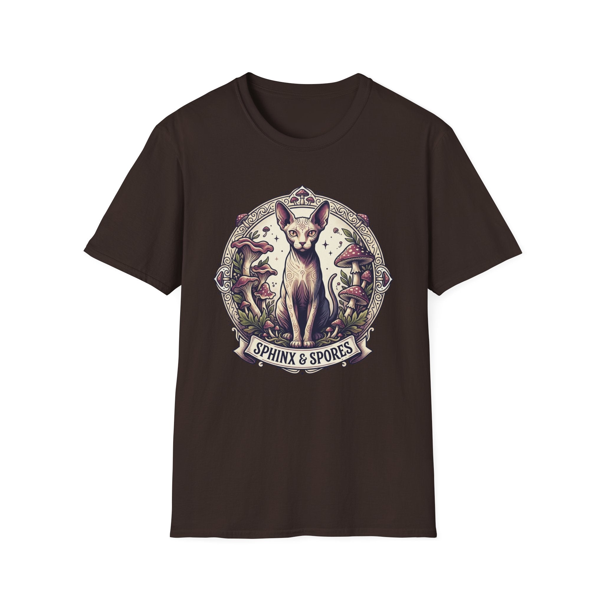 Sphinx & Spores Cat T-Shirt — Gothic Mushroom Sphynx Graphic Tee