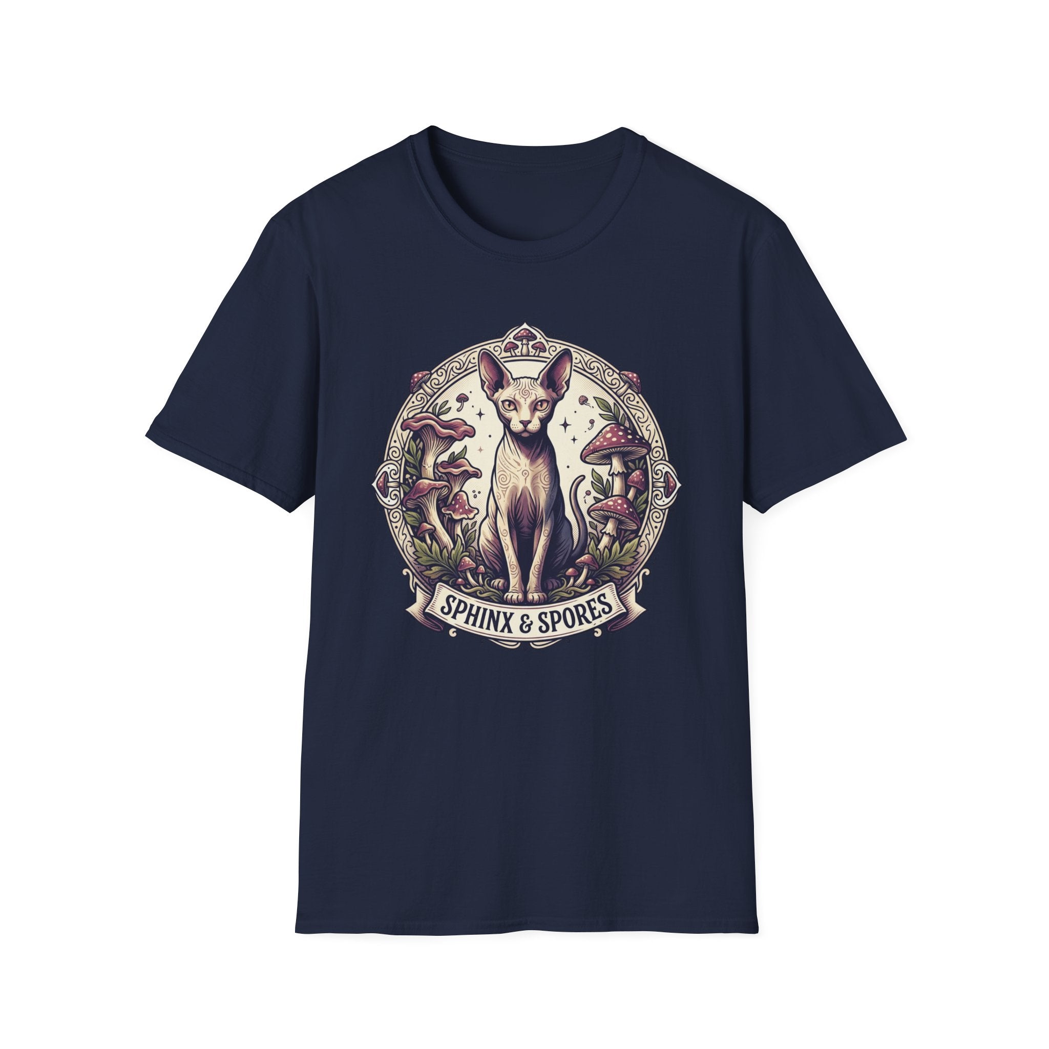 Sphinx & Spores Cat T-Shirt — Gothic Mushroom Sphynx Graphic Tee