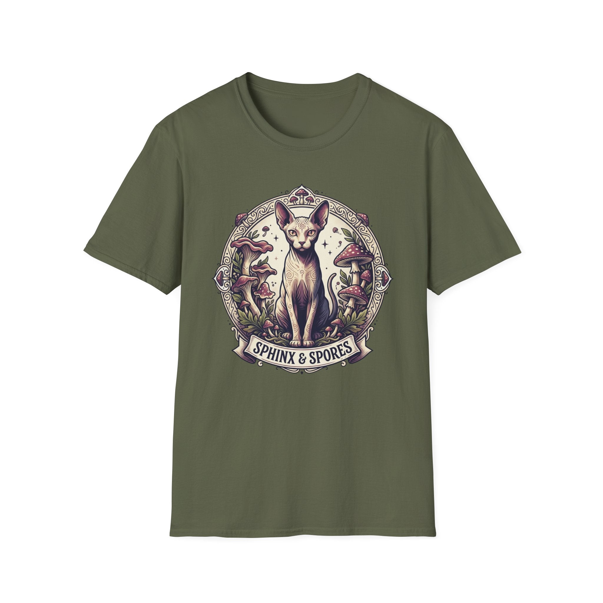 Sphinx & Spores Cat T-Shirt — Gothic Mushroom Sphynx Graphic Tee